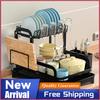 2 Tier Dish Drying Rack Black Kitchen Countertop Dish Drainer Drip Tray Drain Board Space Saving Storage Kitchen Sink Organizer