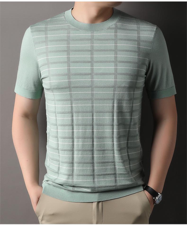 Men's Striped Round Neck Tencel Cotton Silk Short Sleeve T-shirt