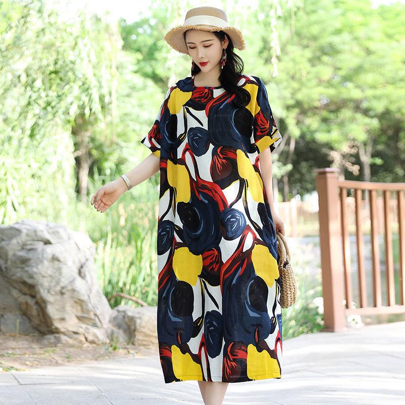 Blumendruck Kleid Damen Sommer Casual O-Ausschnitt Kurzarm Langes Kleid Böhmisches Strand Sommerkleid Vestidos