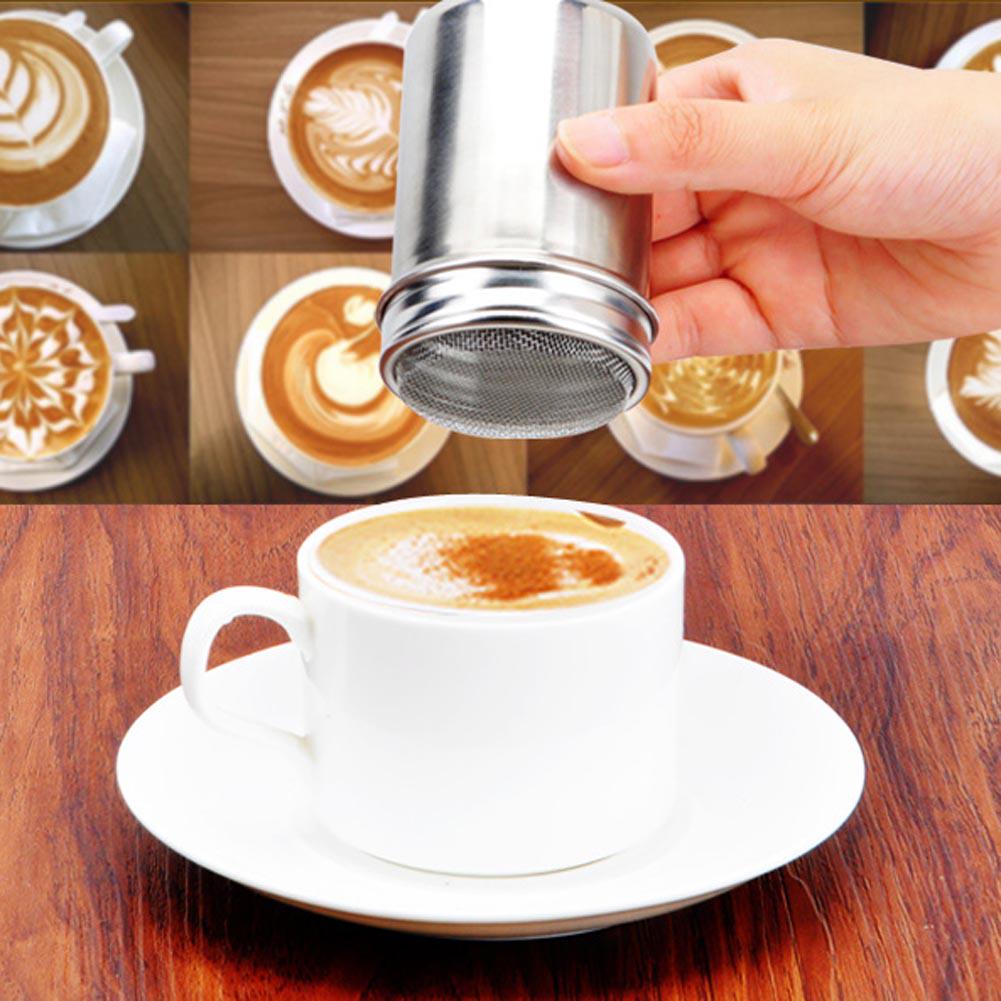 Coffee Shaker Stainless Steel Chocolate Shaker Icing Sugar Powder Cocoa Flour Coffee Sifter Dredge Duster Seasoning Cooking Tools Fine Mesh with 16pcs Coffee Stencils Cappuccino Latte Art