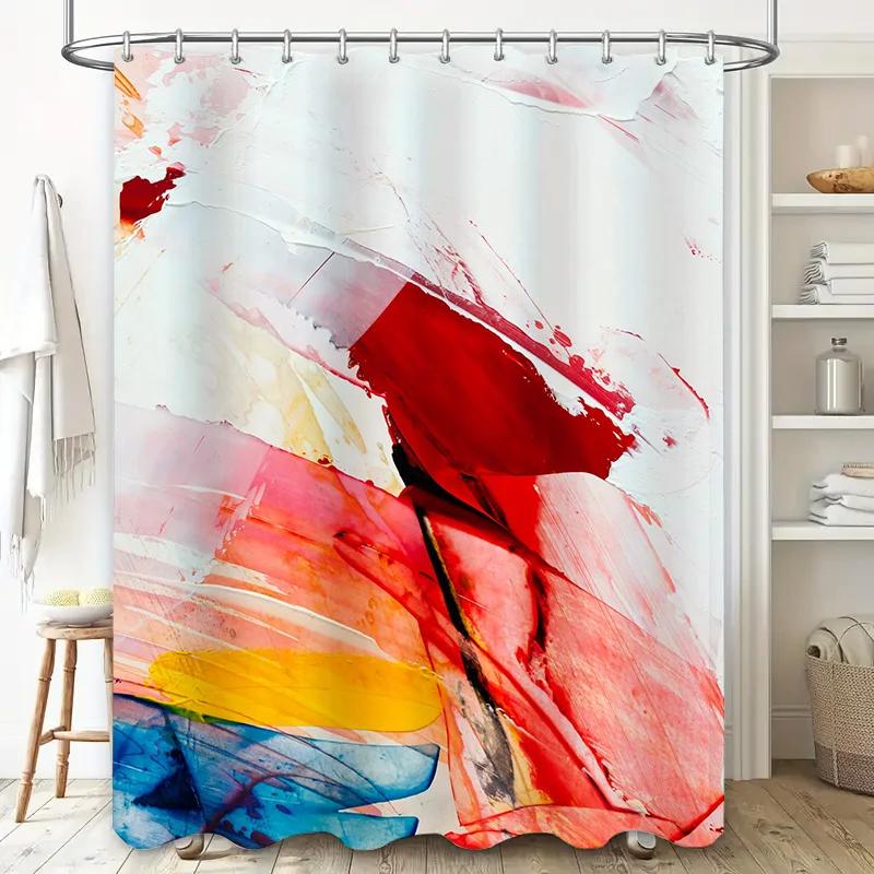 Brightly Colored Bathroom Shower Curtain, Modern Abstract Art Print Watercolor Design in Red, Yellow Blue Colors for Home Decor