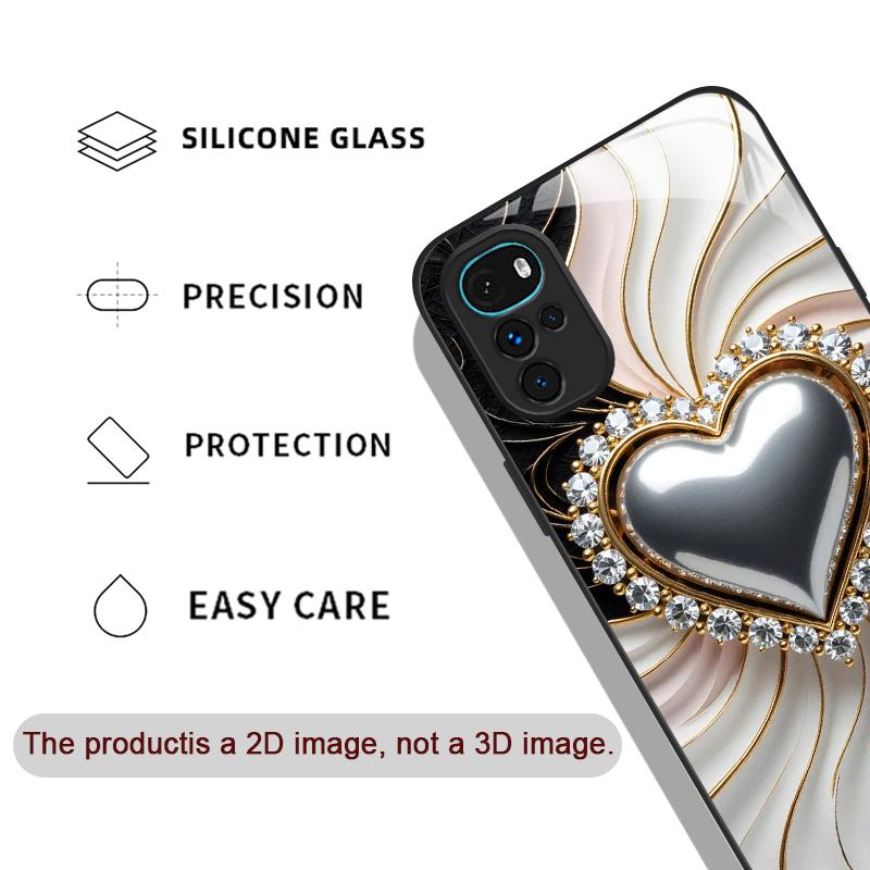 Stilvolle Schwarz-Weiß-Herz-mit-Perlen-Hartglas-Handyhülle für Motorola Moto G85 G84 G75 Edge 50 Fusion 40 Neo 30 Pro Hülle