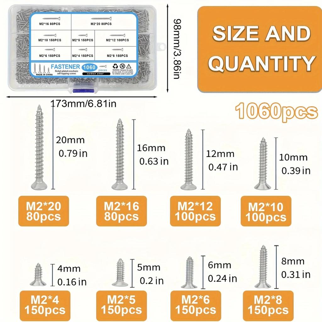 1060 carbon steel wood screw classification kit, self tapping screw set, screws, various flat head screws M2 4/5/6/8/10/12/16/20