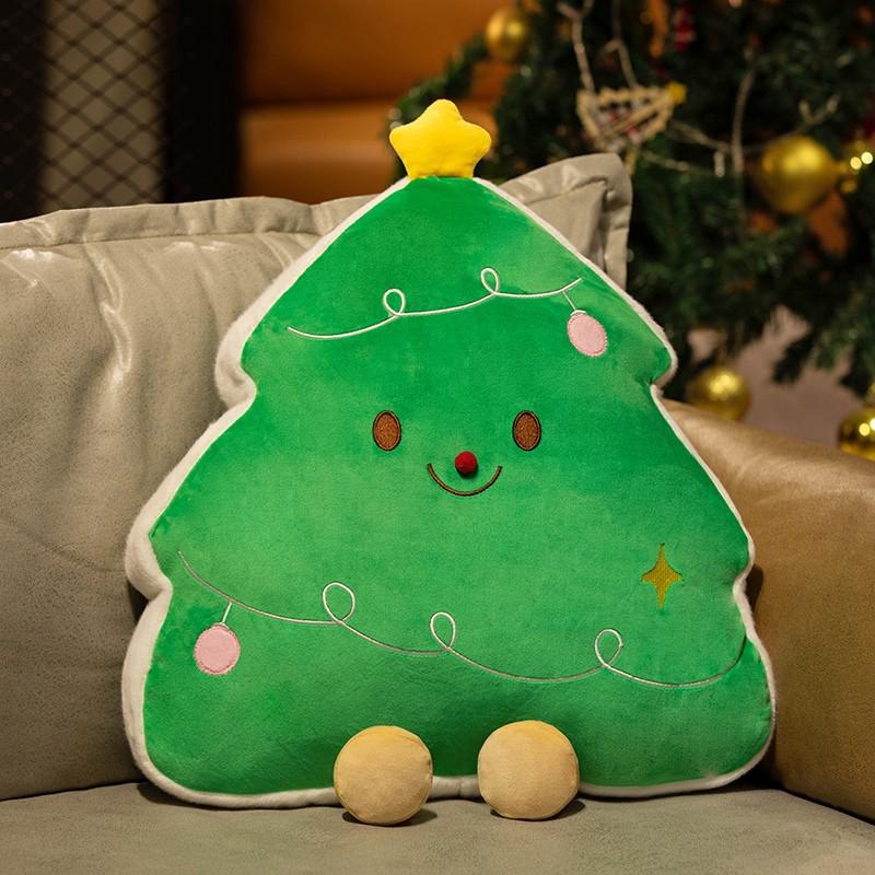 Christmas Holiday Decoration: Tree Plush, Apple Peace Wreath, and Gingerbread Man Throw Pillow.