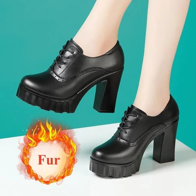 

10см Маленький Розмір 32-43 Якісне Натуральне Шкіряне Взуття Оксфорди з Глибоким Вирізом з Хутром 2025 Осінь Блочні Високі Підбори Туфлі Платформа Модель 39