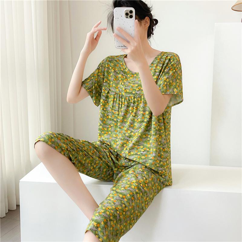 1011 Spring and Autumn Short Sleeve New Printed Pajama Set Summer Thin Sweet Floral Loose Loungewear