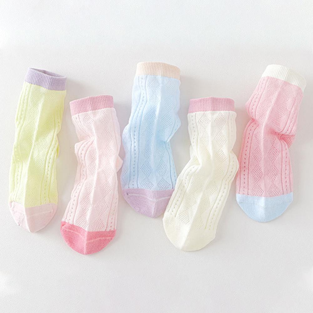 5 Pairs Girls Summer Mesh Breathable Cotton Socks Cute Candy Hollow Out Mid Calf Children Casual Socks