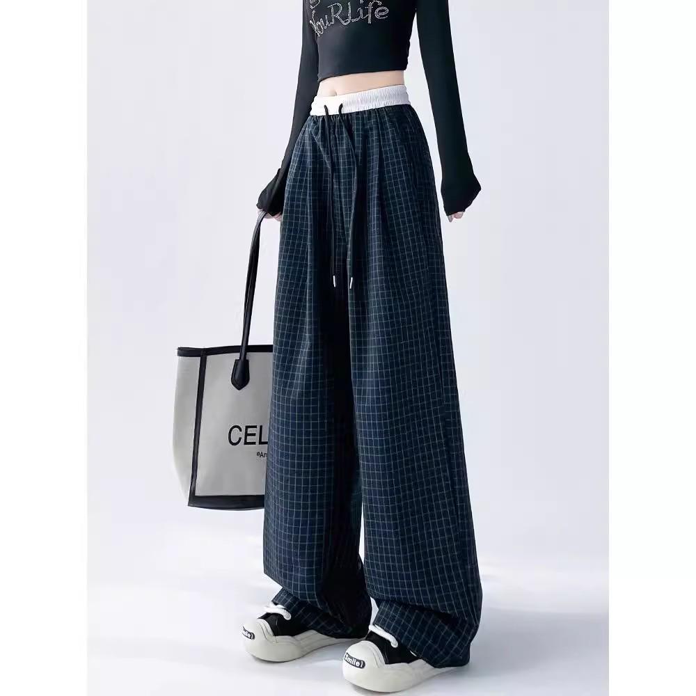 Damen High Waist Color Block Karomuster Weitbeinige Hosen für Frühling/Herbst - Lockere Passform, Kundenspezifische Länge, Gerades Bein, Casual-Stil