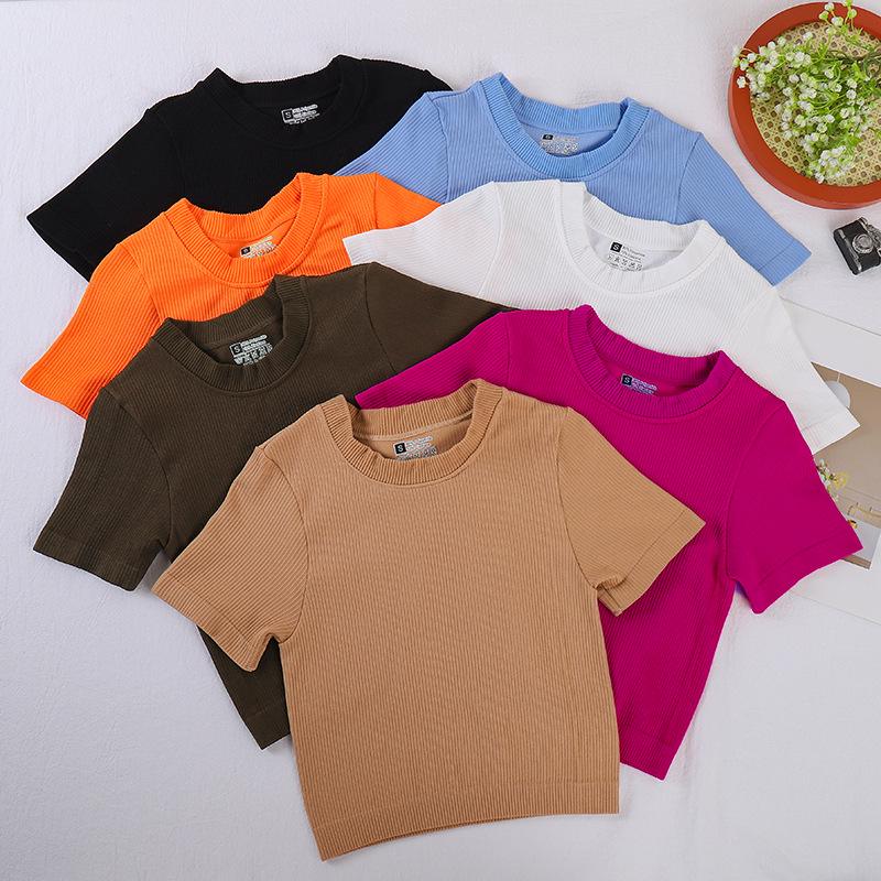 Ribbed Round Neck Yoga Sports Short-Sleeve T-shirt for Autumn/Winter