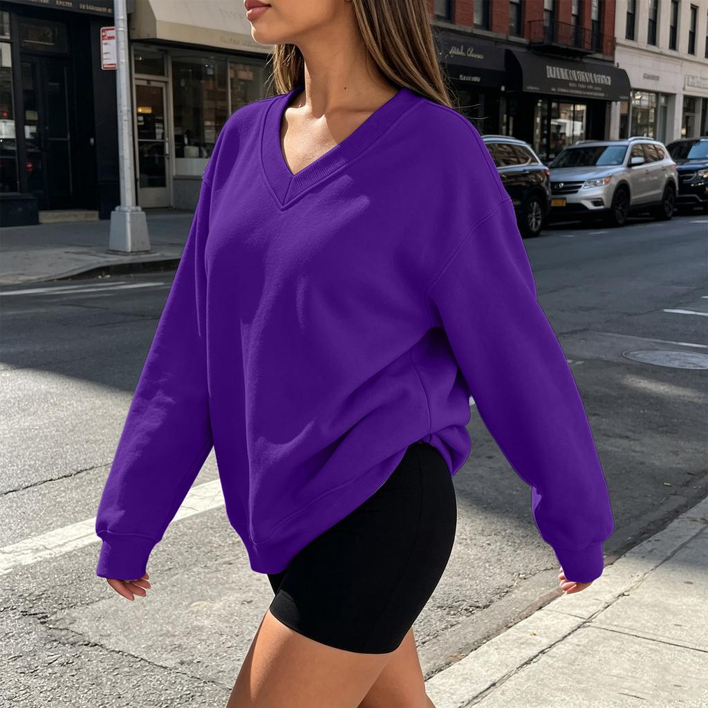 Women's V-Neck Long Sleeve Sweatshirt Casual Color Pullover