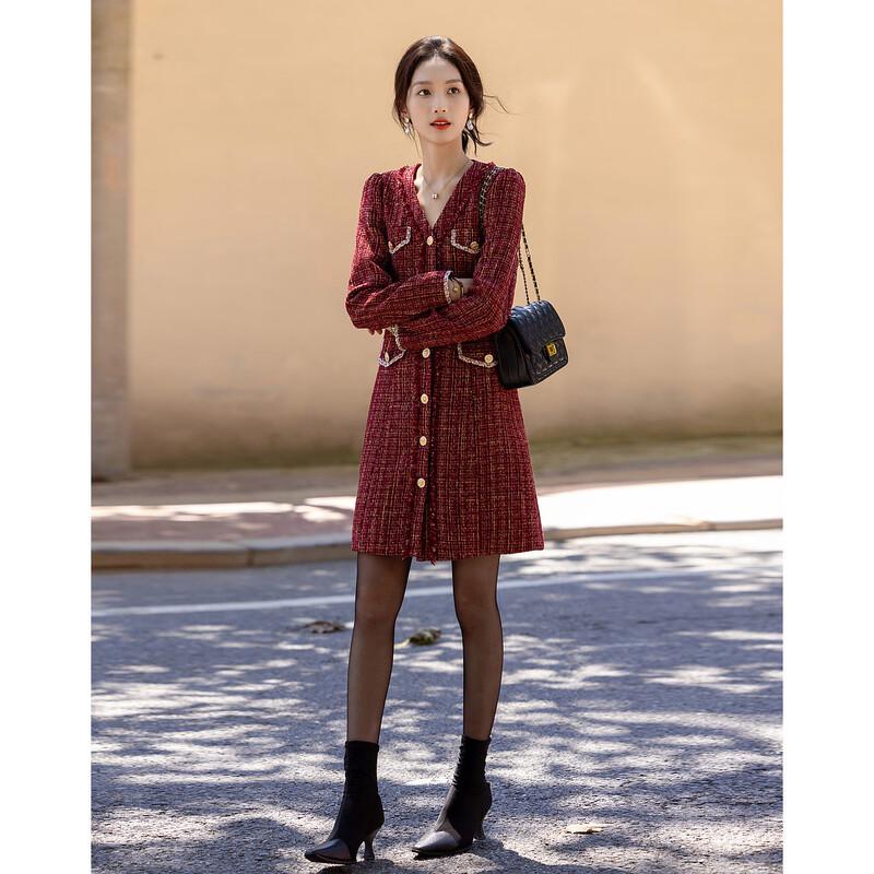 

Demana Winter Socialite Style V-Neck Tassel Frayed A-Line Midi Dress M