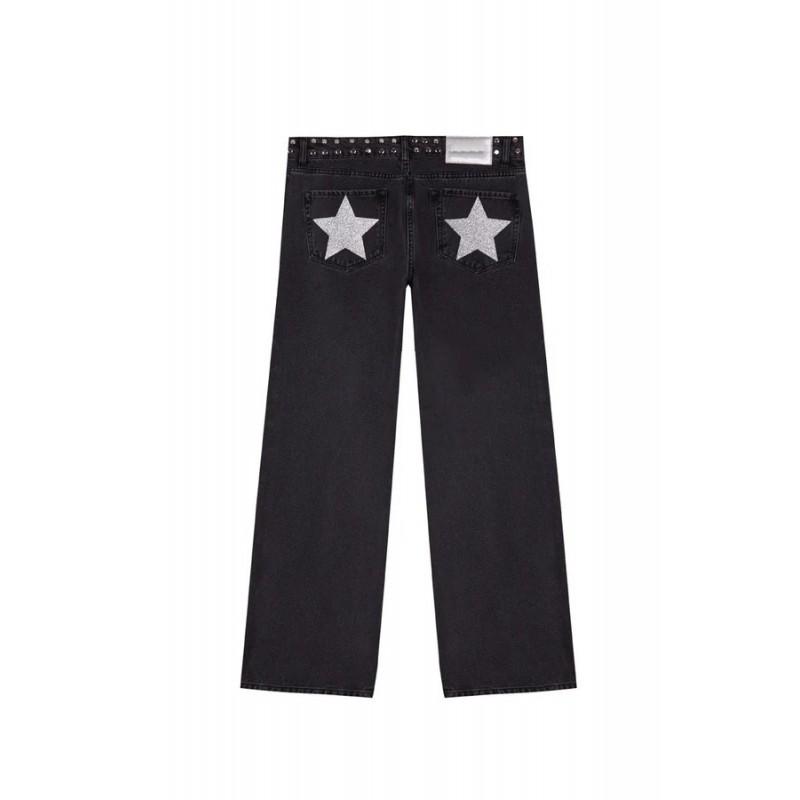 Vintage Star Print Denim Jeans Women Loose Straight Cut Streetwear Casual Pants