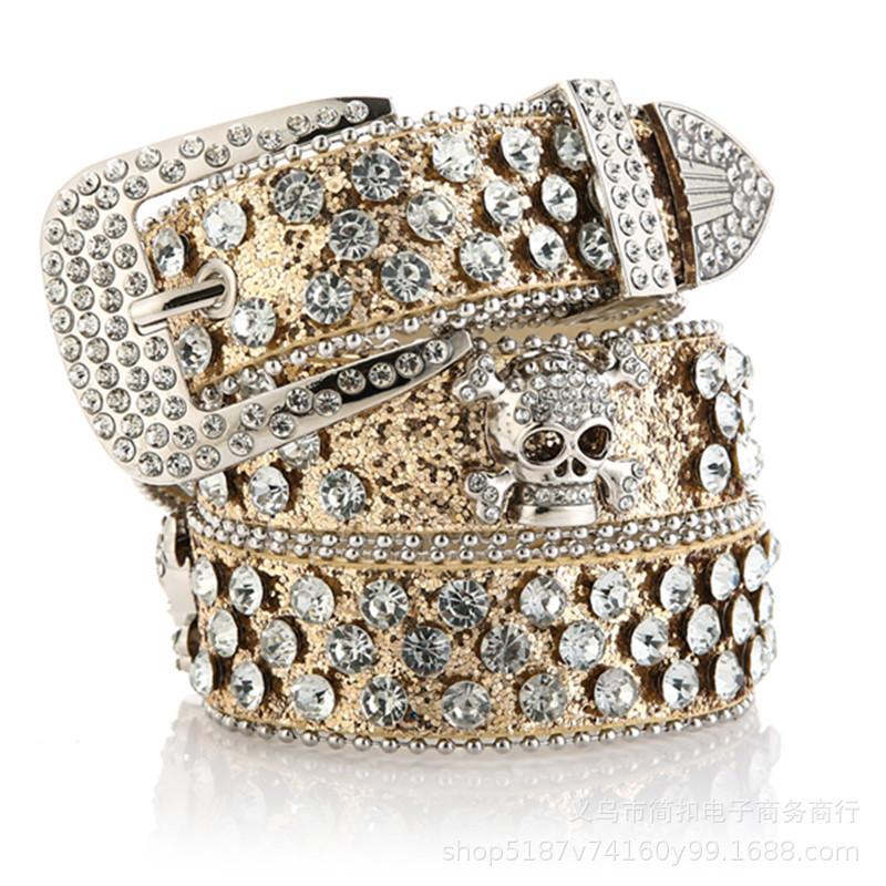 Women's Rhinestone Skull Leather Belt - European & American Style, Extended Waist for Denim & Outdoor Wear