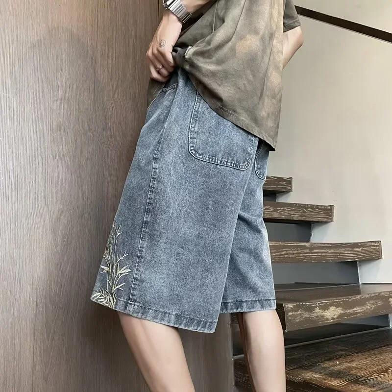 Summer Men  Embroidered Short Jean Pants Vintage Wide Leg Bermuda Hip Hop Streetwear Denim Shorts