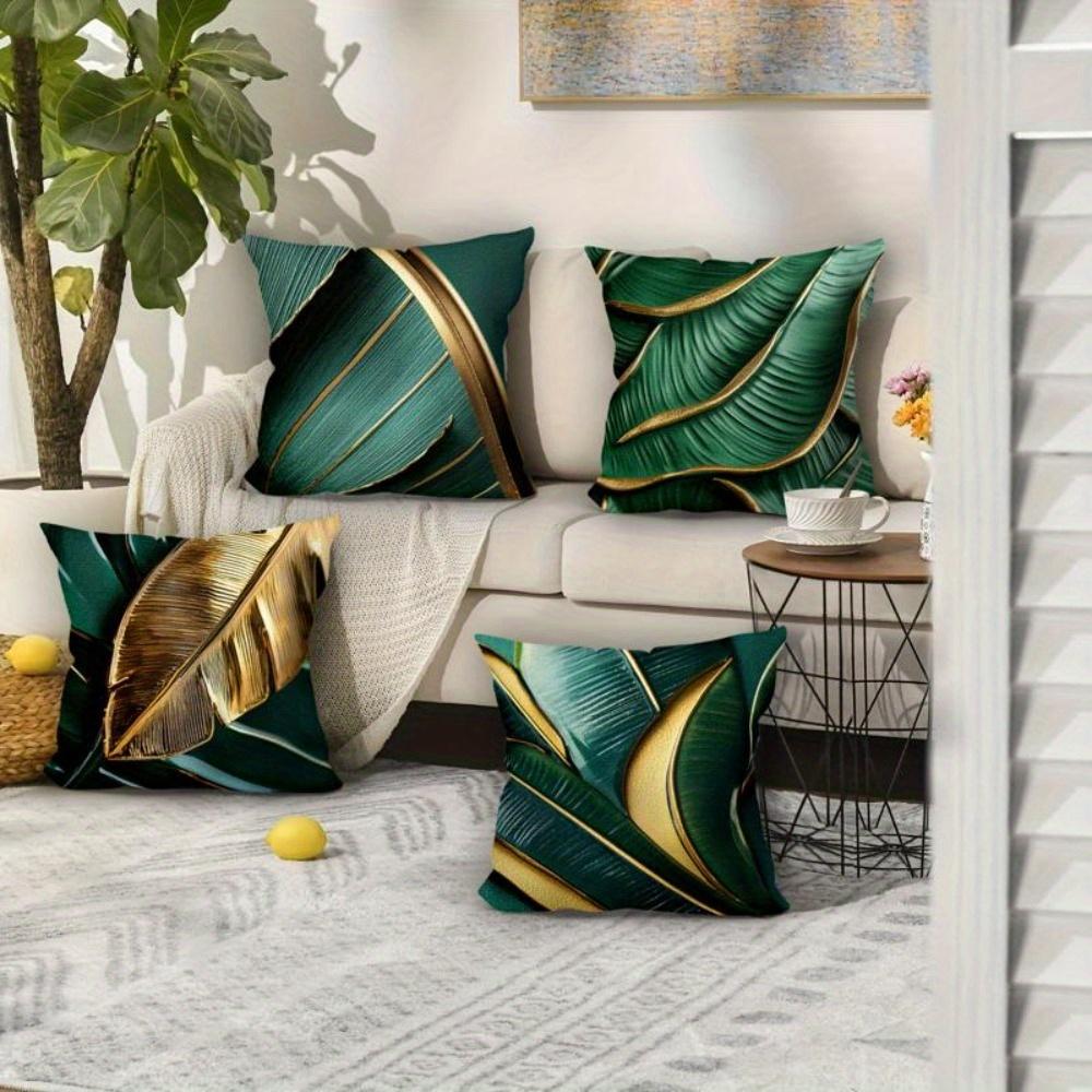 1/4pcs Exquisite Green and Gold Leaf Patterned Pillowcases Sofa Cushion Cover Home Bedroom Room Decoration