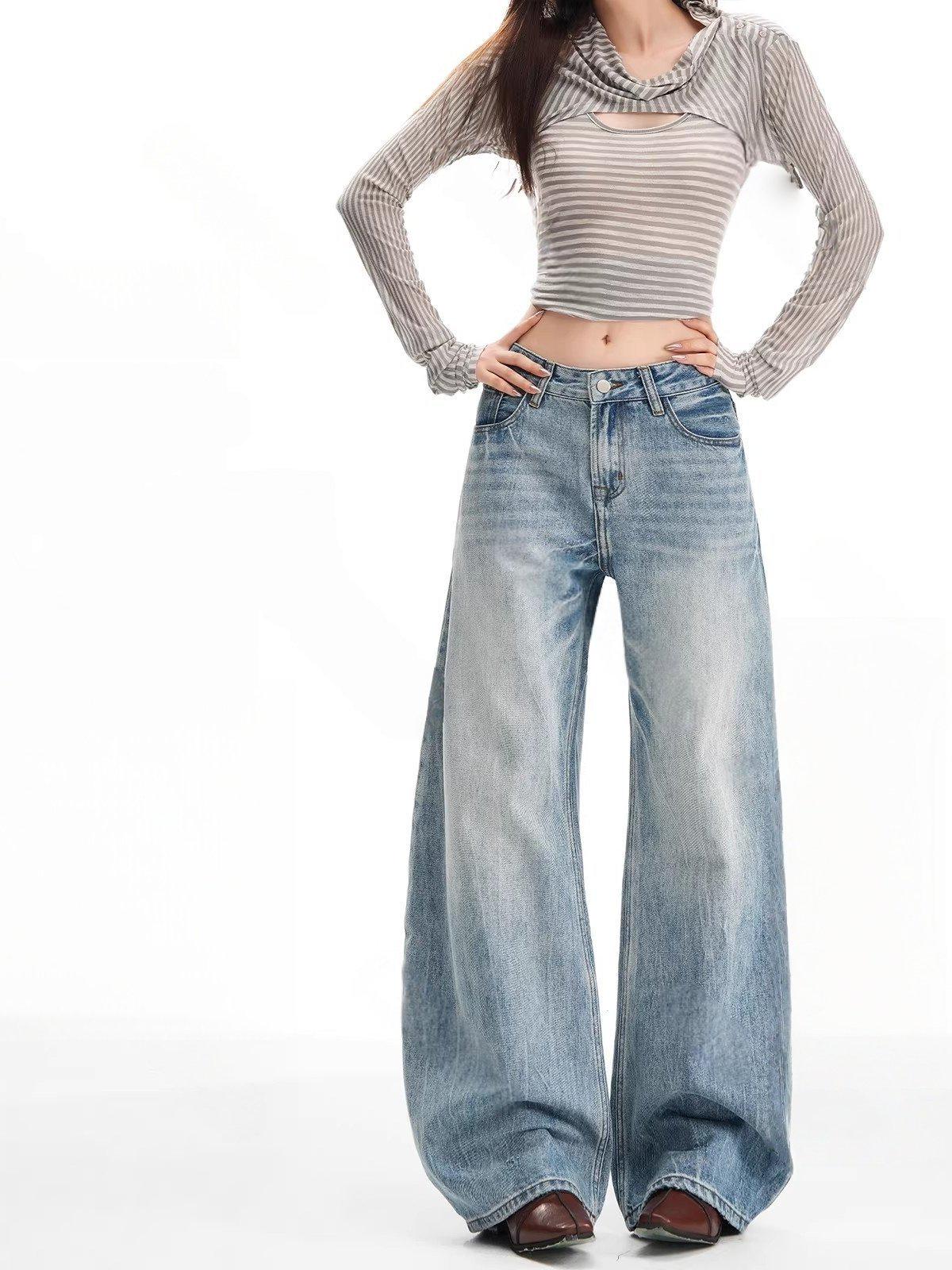 Plus Size Women s Light Blue Wide-Leg Jeans – Washed, Loose, and Slimming S синий