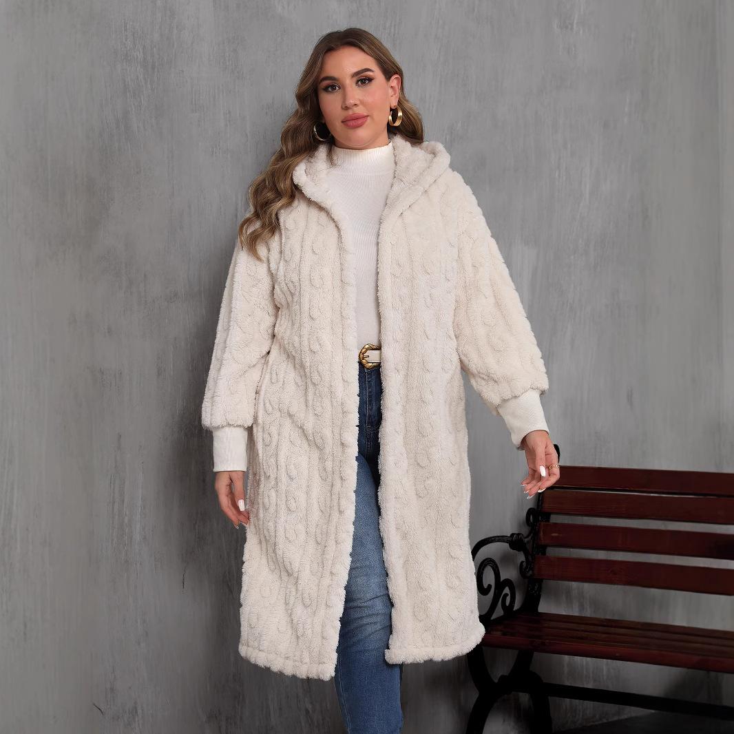 

Длинное пальто из толстой плюшевой нити с капюшоном для женщин больших размеров 4XL слоновая кость