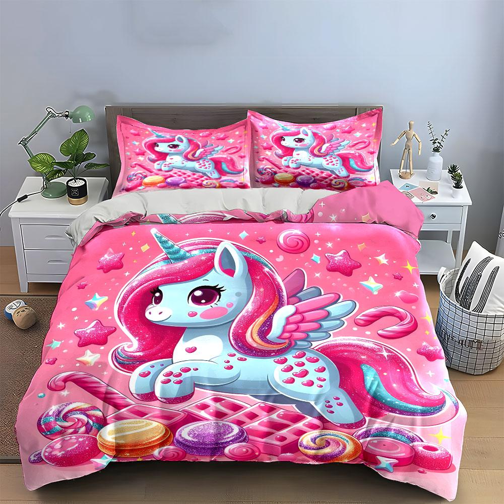 Unicorn Candy Set Decoration Bedding Set With 1 Duvet Cover 2 Pillowcases Single Double King Queen, Gift