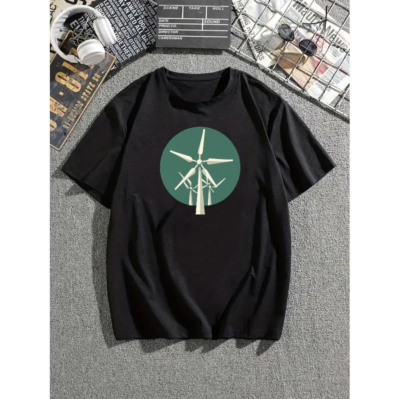 

European Size Men s Casual Short Sleeve T-Shirt with Unique Wind Turbine Design - Breathable cotton, Machine Washable-Perfect for Summer & All Seasons 4XL