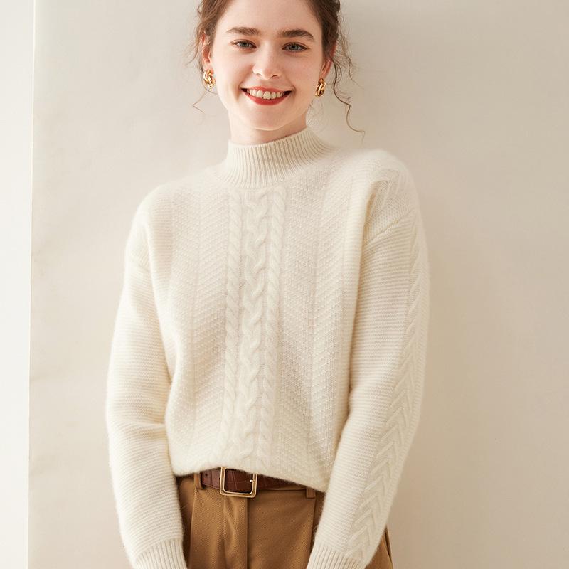 Women's Cashmere Semi-High Neck Long Sleeve Pullover - Solid Color, Casual, Loose, Thickened for Autumn/Winter.