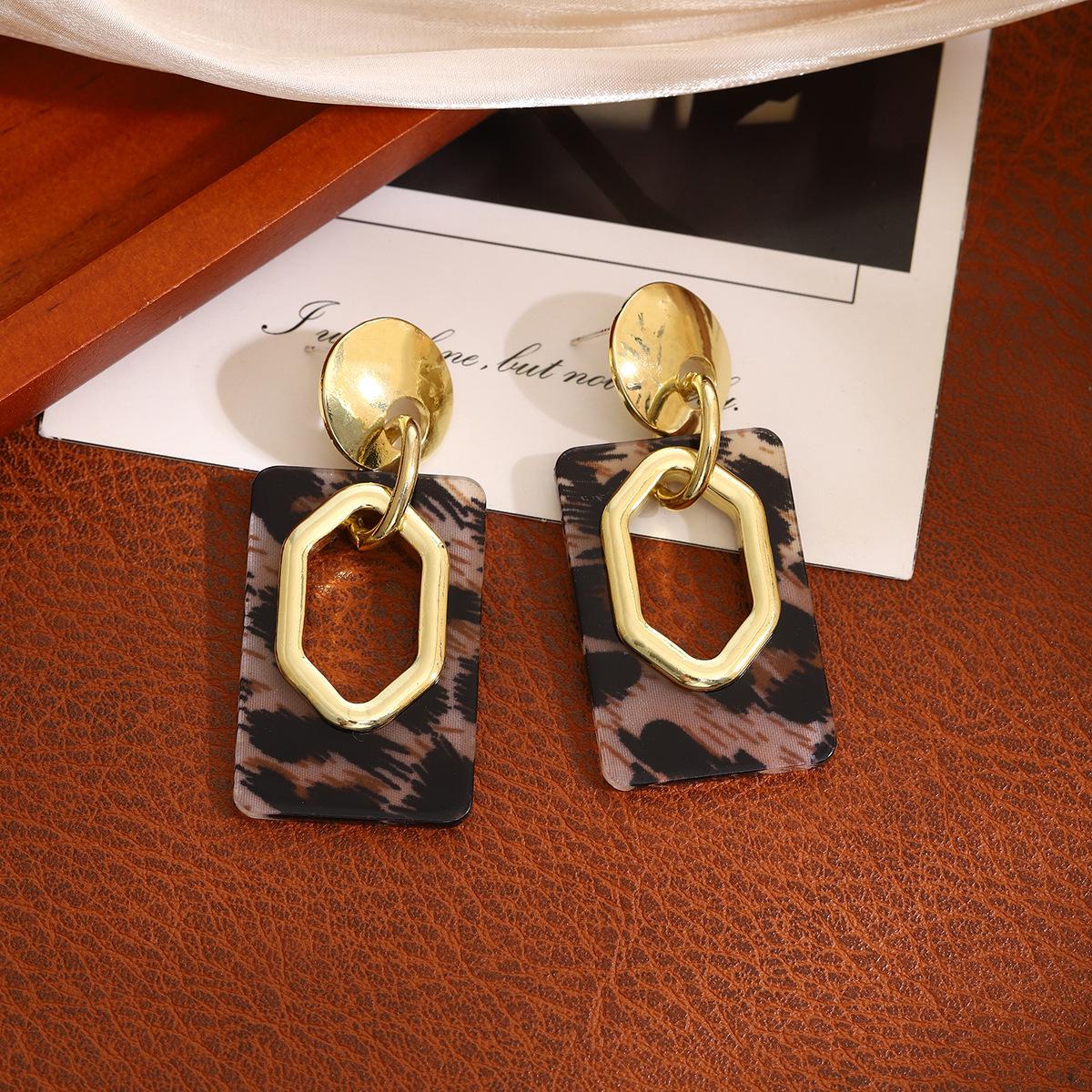 Silver Needle Geometric Leopard Print Earrings - Trendy Retro Studs for Women