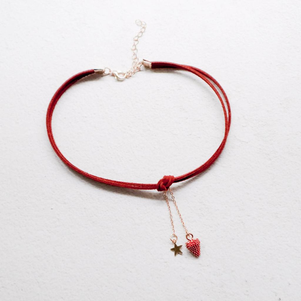 Burgundy Pearl Strawberry Pendant Ribbon Choker Necklace for Women