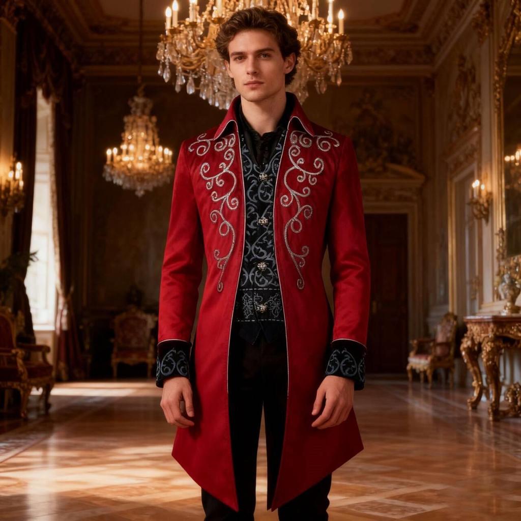 Men's Silver-Edged Medieval Tailcoat Costume, Retro Mid-Length Style