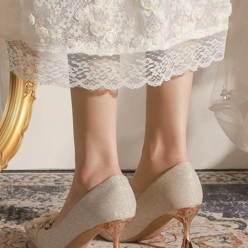 Fashion Women's Thin Heel Shoes Fall New Pointy Head Shallow Mouth Glitter Flower Anti-slip Wear-resistant High Heels
