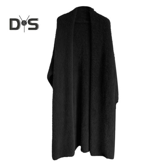 

Женский свитер, пальто без воротника, летучая мышь, длинный рукав, однотонный вязаный кардиган, открытый спереди, трикотаж средней длины чёрный