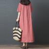Summer New Spliced Cotton and Linen Plaid Dress for Women, Mid To Long Style