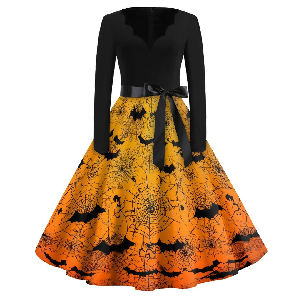 Women's Casual Vintage Halloween Print V Neck Long Sleeve Dress with Waist Tie and Flared Skirt for Everyday Wear