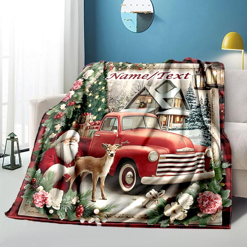 1PC Custom Name Christmas Vintage Truck Scene outdooor Flannel blankets Throw Blanket All-Season Throw Gift Bedspread for Couch, Bed, Camping Holiday 
