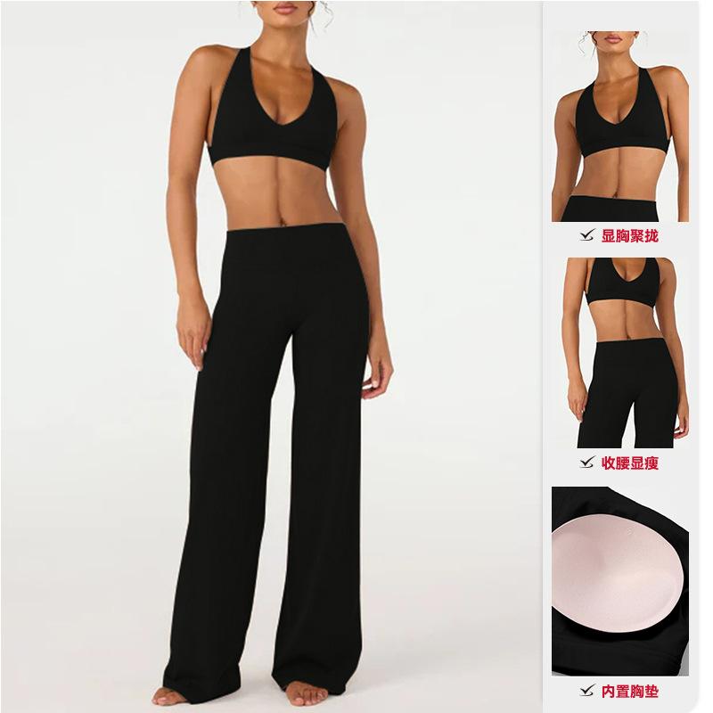 European and American yoga clothes set women gather beautiful back sports underwear nude high waist fitness clothes straight pants set