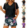 Women's Casual Two Piece Set V Neck Short Sleeve Top with Drawstring Waist Floral Print Shorts Lightweight Summer Outfit