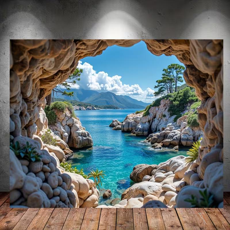 2D Sea Cave Tapestry Turquoise Water Landscape Backdrop for Living Room