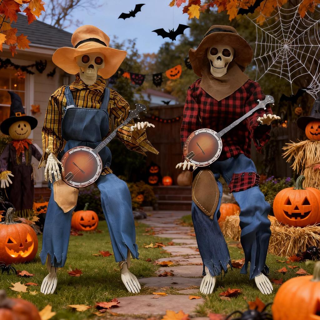 Halloween Skeleton Animated Banjo Skeleton Joint Adjustable Musical Prop with Glowing Eyes For Indoor Outdoor