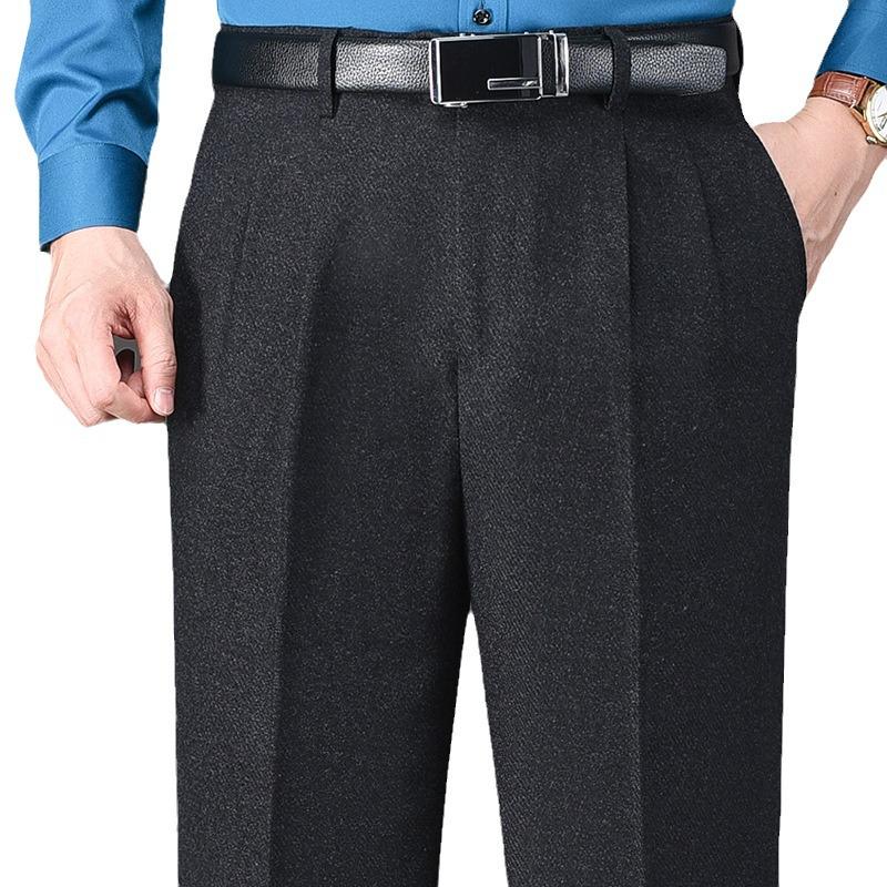 Herren Wollfleece-Hosen mit hohem Bund: Herbst/Winter, Doppelfalte, Lockerer Schnitt, Gerades Bein für mittleres und älteres Alter.