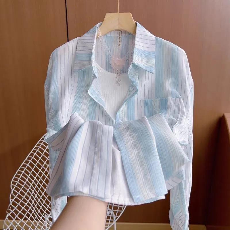 Women's Casual Striped Blouse Pink White Lapel Single Pocket Daily Fashion Shirts