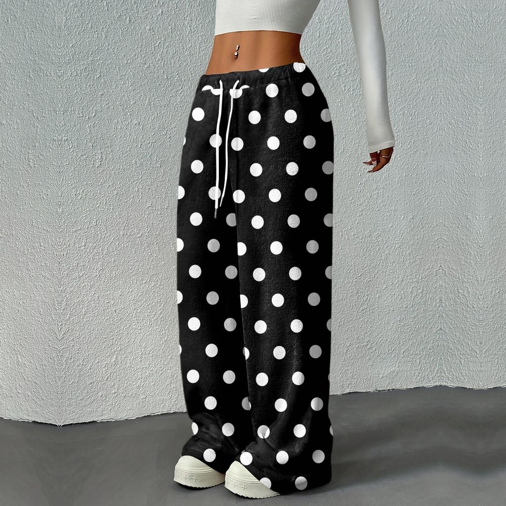 Kvinners avslappet mote trykte elastisk midje løse rette ben bukser med snor