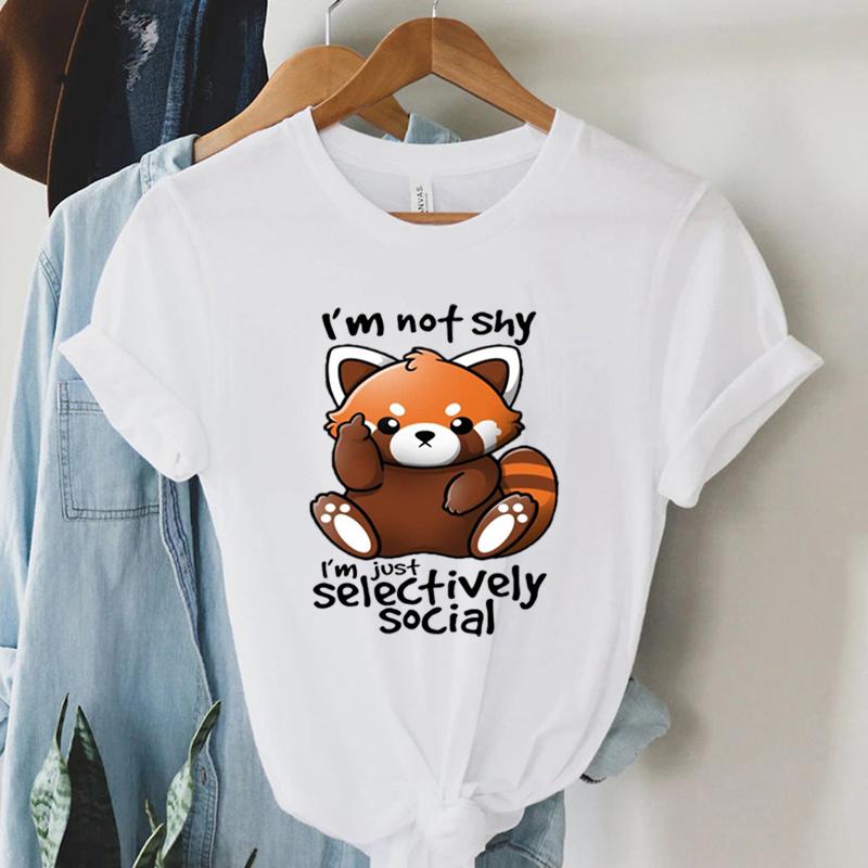 Print Trend Style TShirt Im Not Shy Im Just Selectively Social Womens Cute Panda Oversized T Shirt for Women Y2k Clothing