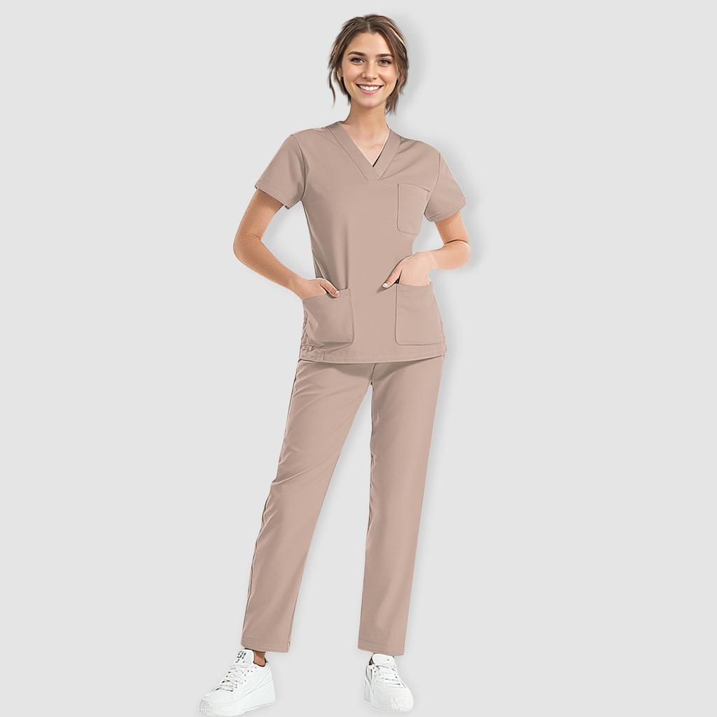 Damski krótki rękaw, dekolt w serek, jednolity kolor, kieszeń na piersi, elastyczny pas, spodnie, dwuczęściowy zestaw roboczy, 3 kieszenie, bluzki chirurgiczne dla kobiet