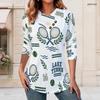 Women Plus Size Asymmetric V Neck Button Decor Long Sleeve Top White Basketball Print