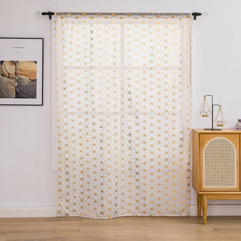 Geometric Gold Foil Sheer Curtains – Set of 2 Panels, Semi-Blackout, Light Filtering Window Curtains