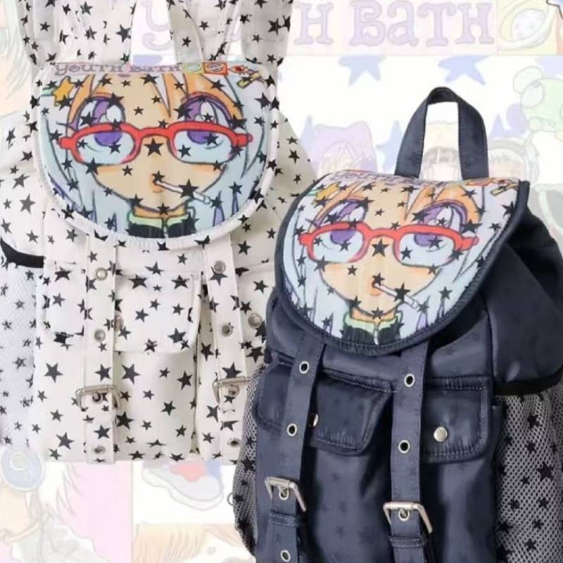 Star Cartoon Print Nylon Backpack With Waterresistant Design For Students And Casual Use