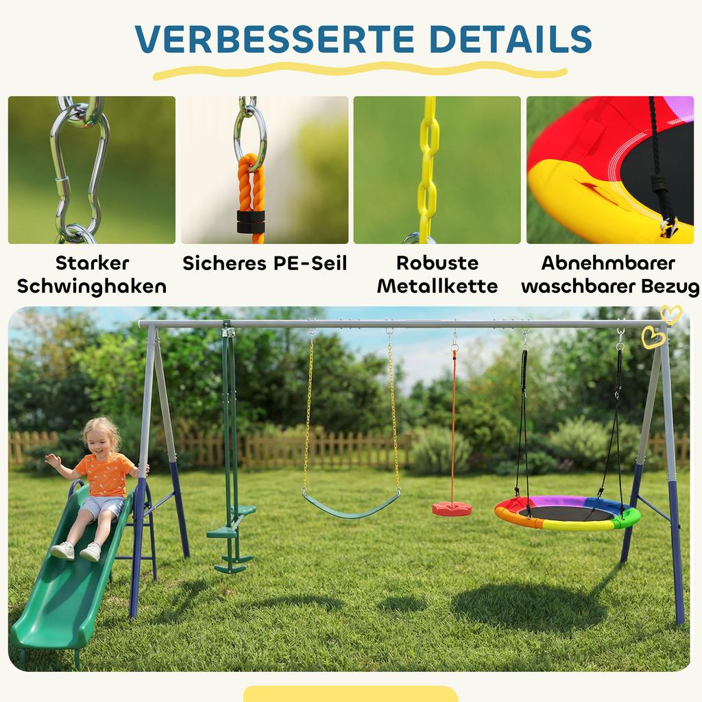 5-in-1 Swing Set with Slide Height-Adjustable Swing Frame with Nest Swing 382x196x203 cm Multicolor