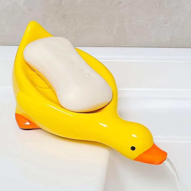 1Pc Cute Duck-Shaped Soap Dish with Waterfall Design - Self-Draining, Easy-Clean Plastic Soap Holder for Bathroom, Yellow Beak & Feet