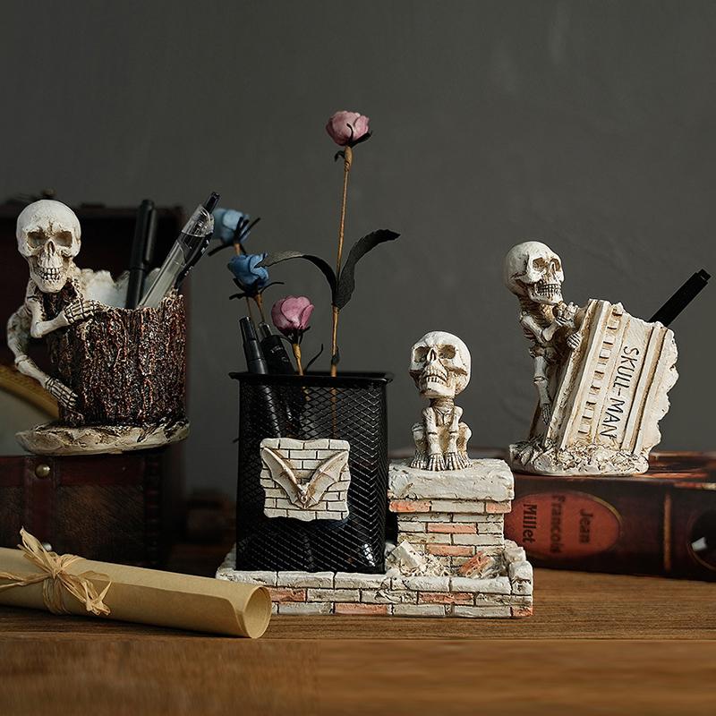 Halloween Skull Pen Pencil Holder Skeleton Key Holder Makeup Brush Holder Home Office Desk Supplies Organizer Accessory Gifts