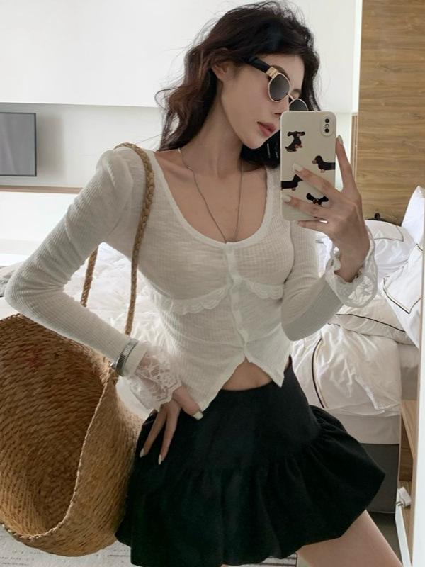 Women's Retro V-Neck Lace Trim Slim Fit Long Sleeve Crop Cardigan
