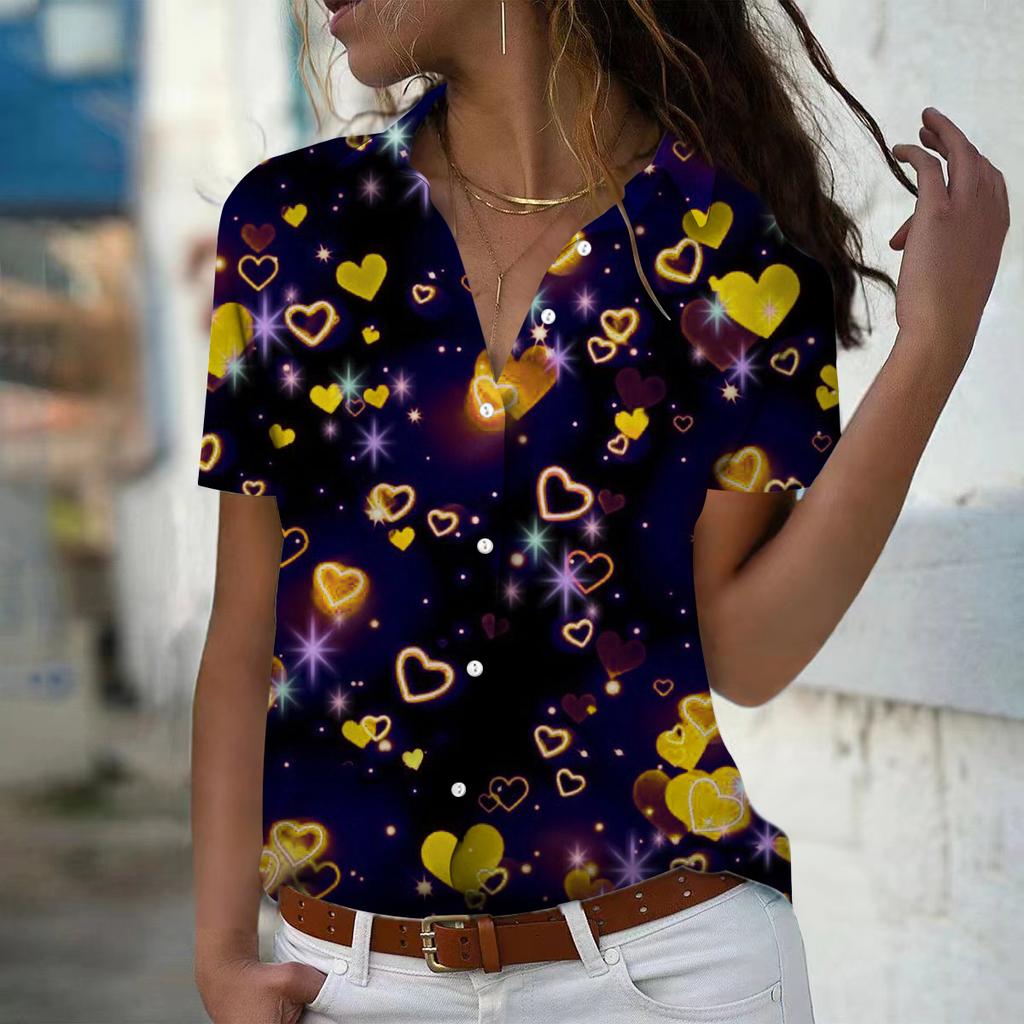 2025 Summer New Fashion Women's Love Printed Short Sleeve V-neck Casual Button-down Shirt Top
