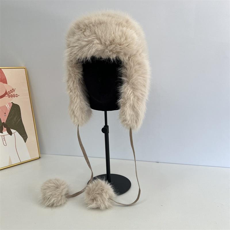 

Плюшевая детская зимняя теплая шапка-ушанка из искусственной норки, милый хвостик, подвесной помпон, завязки, снежная шапка M（56-58cm） бежевый